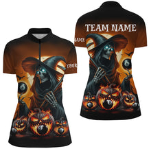 Load image into Gallery viewer, Death Skeleton & Pumpkin With 8 Ball Pool Billiard Jerseys For Women, Funny Halloween Billiard Shirts TDM2377