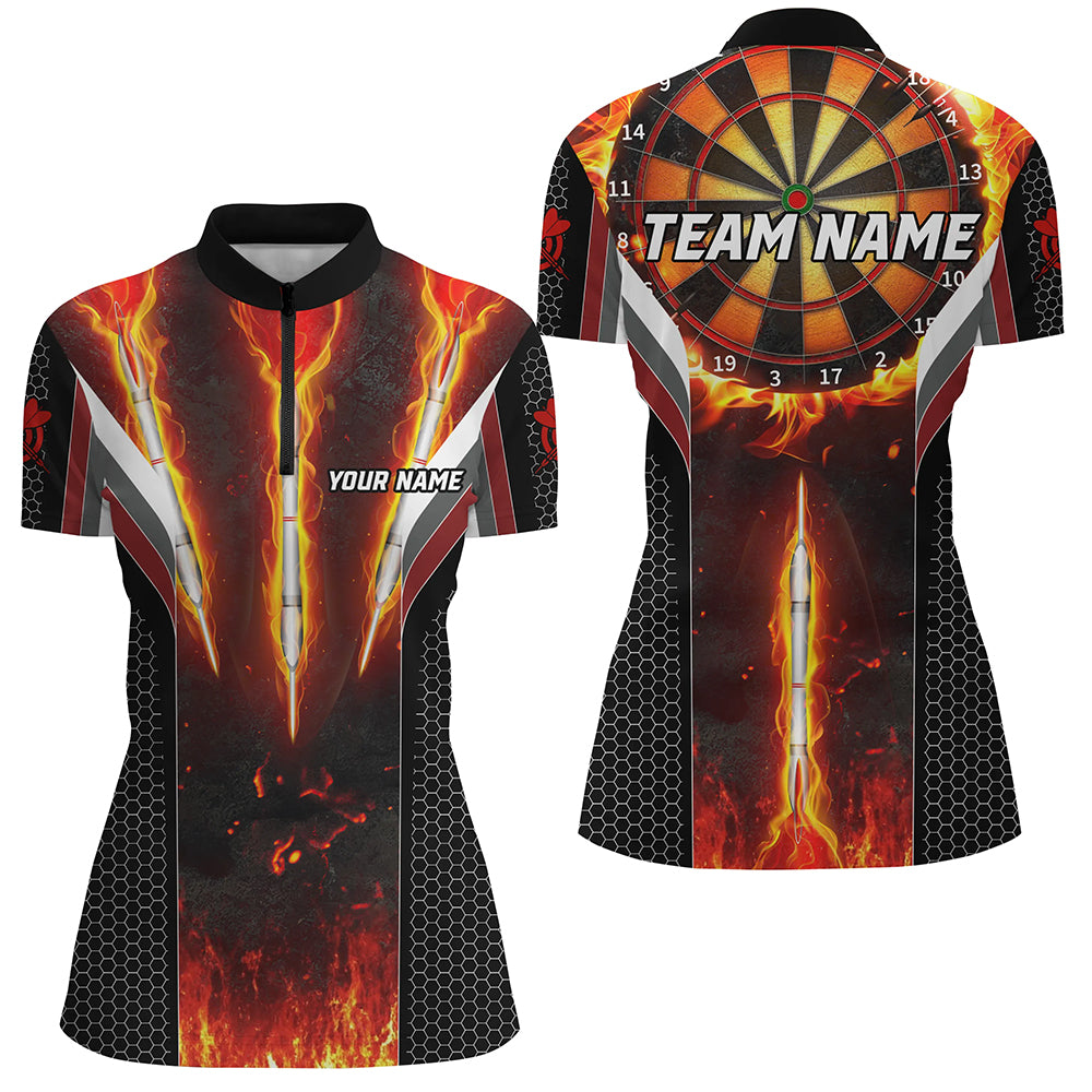 Personalized Darts Burning Fire Women Polo & 1/4 Zip Shirts Custom Team League Darts Jerseys TDM1540