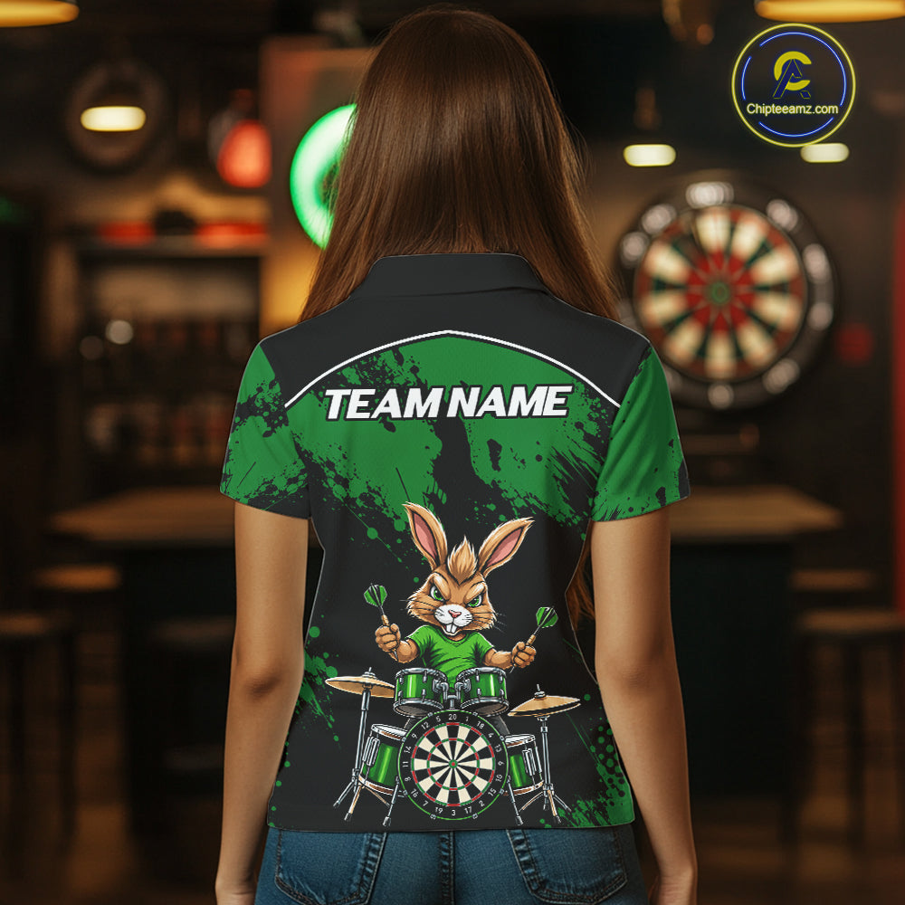 Black And Green Funny Rabbit Drummer Darts Shirts For Women Custom Darts Team Jersey, Darts Gifts TDM8036