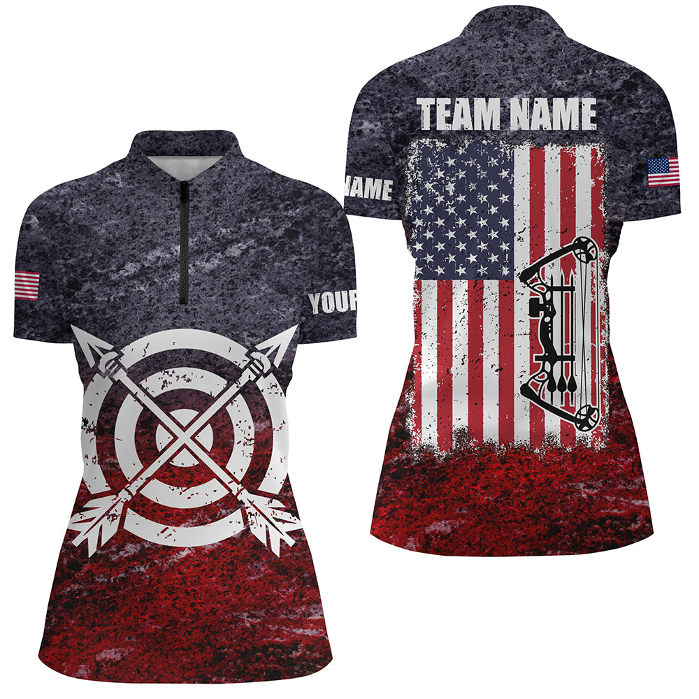 Personalized Retro USA Flag Women Archery Quarter-Zip Shirts, Patriotic US Archery Jerseys TDM1022