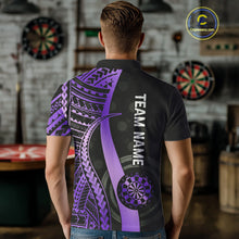Load image into Gallery viewer, Personalized Black And Purple Tribal Dart Shirts For Men Custom Darts Jersey Team Polo & 1/4 Zip TDM4914