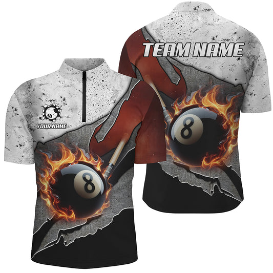 Personalized Grey Grunge Fire 8 Ball Pool Billiard Men Shirts Custom Pool Player Shirts TDM1567