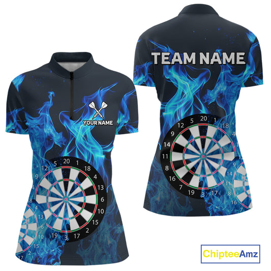 Blue Flaming Dartboard Darts Polo & Quarter Zip Custom Dart Shirts For Women Team Dart Jerseys TDM3821