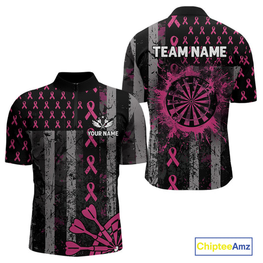 Personalized Grunge US Flag Pink Ribbon Patriotic Darts Shirt For Men, Breast Cancer Darts Jersey TDM4501