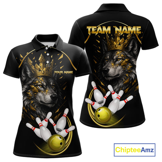 Black And Gold Custom Wolf Bowling Polo, Quarter Zip Shirts For Women, Bowling League Team Jersey TDM7447