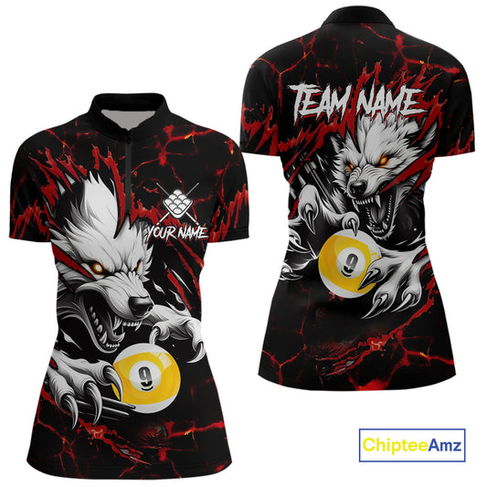 Personalized 9 Ball Pool Wolf Billiard Shirts For Women, Billiard League Jersey Polo & 1/4 Zip |Red TDM4505