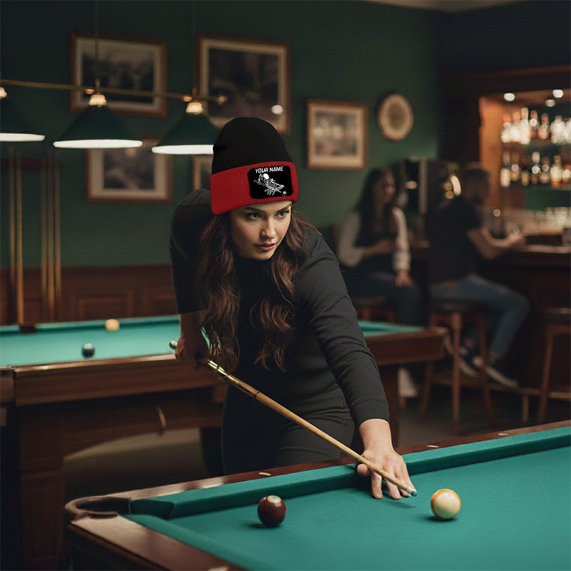 Personalized Skull 8 Ball Billiard Knit Beanie Hat With Rectangle Patch Custom Billiard Knit Cap TDM4940