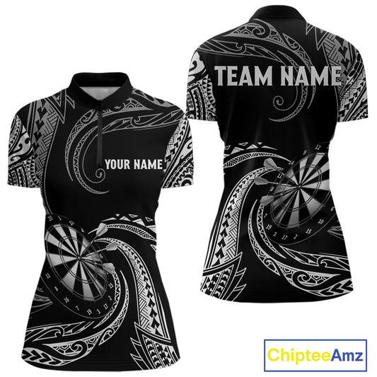 Personalized White Black Tribal Polynesian Womens Dart Shirts Custom Dart Polo & 1/4 Zip Team Jersey TDM5155