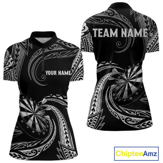 Personalized White Black Tribal Polynesian Womens Dart Shirts Custom Dart Polo & 1/4 Zip Team Jersey TDM5155
