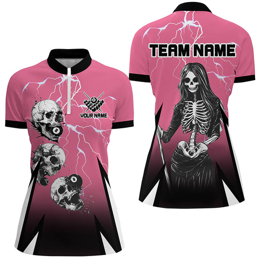 Grim Reaper Play Pool Custom Lightning Pink Billiard Shirts For Women, Funny Billiard Shirt Gifts TDM2175