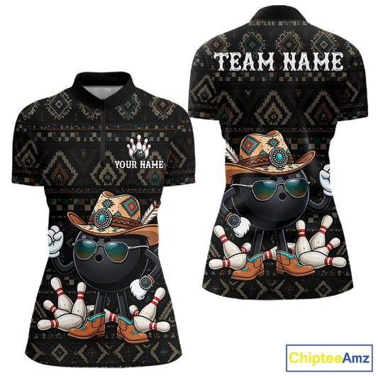 Funny Cowboy Tribal Pattern Bowling Shirts For Women Custom Bowling Team Jersey Polo & Quarter Zip TDM7812