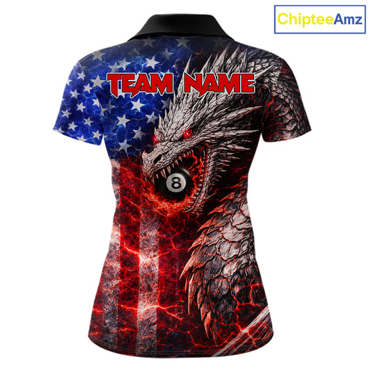 American Flag Dragon 8 Ball Billiard Shirt For Women Custom Lightning Pool Team Jersey Polo, 1/4 Zip TDM6034