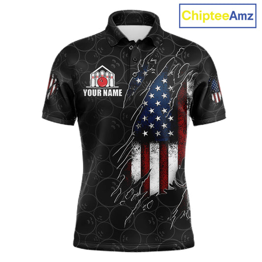 Vintage American flag black bowling polo shirt for men with patriotic team graphics.