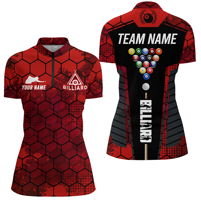 Red Grunge Hexagon Billiard Shirts For Women Custom Pool Jerseys, Billiard Tournament Team Shirts TDM2706