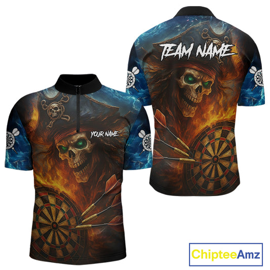 Personalized Pirate Fire Flame Darts Shirt For Men Custom Skull Darts Jersey Team Polo & 1/4 Zip TDM4973