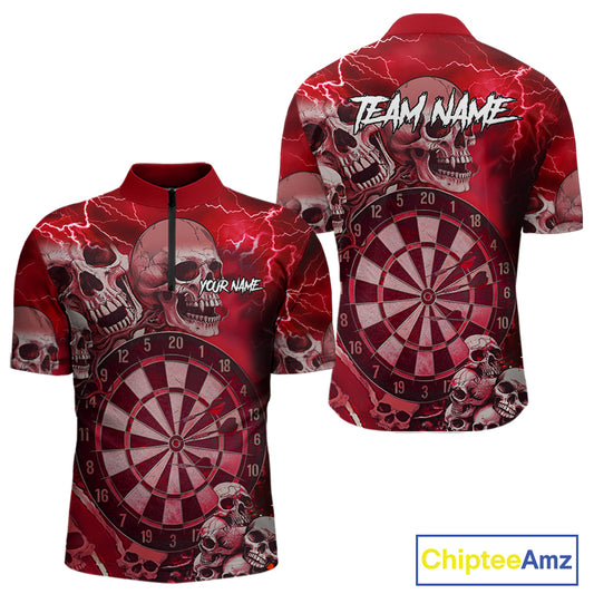 Red Funny Skull Lightning Darts Shirt For Men Custom Darts Team Jersey Polo & Quarter Zip TDM4981