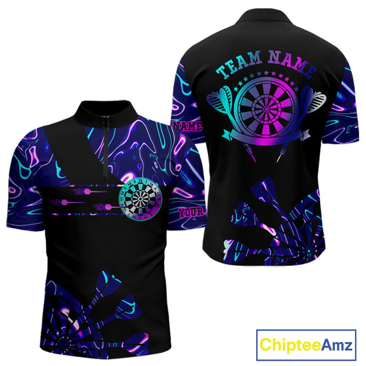 Neon Purple Blue Holographic Mens Dart Shirts Custom Glowing Dart Jersey Team Polo & Quarter Zip TDM5173