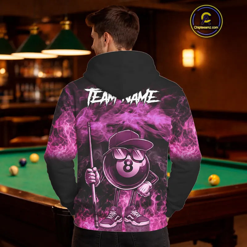 Pink Funny 8 Ball Pool Flame Smoke Billiard Hoodie For Men And Women Custom 8 Ball Hoodie Jersey TDM5693