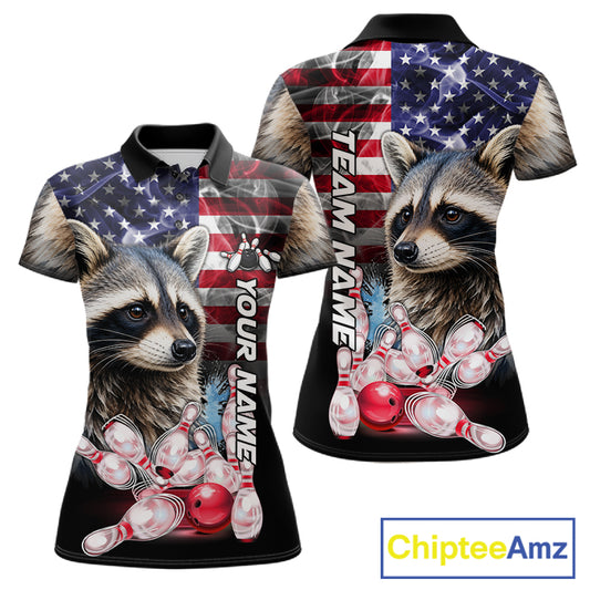 Smoke American Flag Raccoon Bowling Custom Polo Shirt For Women Patriotic Bowling League Team Jersey