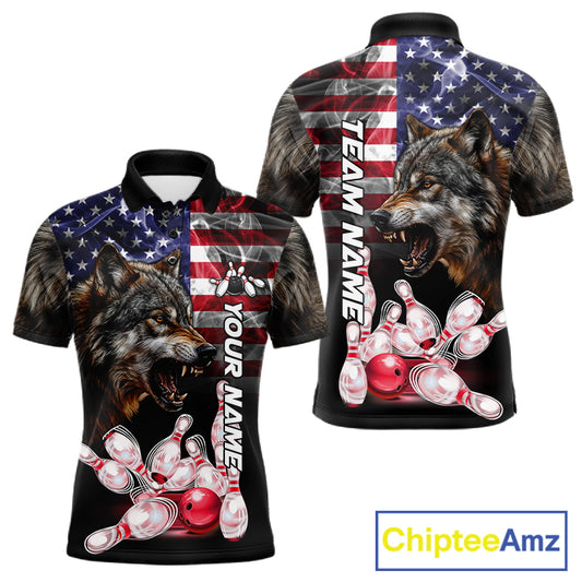 Smoke American Flag Wolf Bowling Custom Polo Shirt For Men Patriotic Bowling League Team Jersey