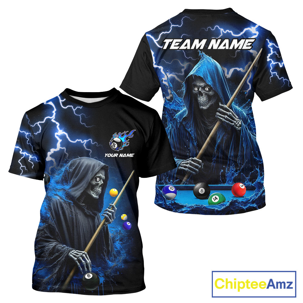 Blue Grim Reaper Billiard T-Shirt For Men Custom Thunder Lightning 8 Ball Pool Team Jersey TDM2198