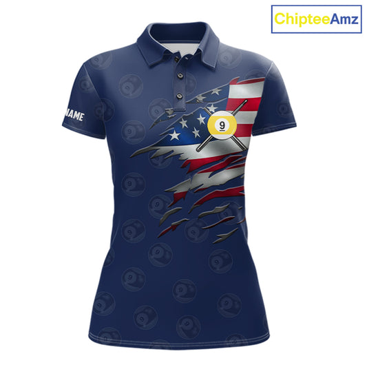 Navy Blue Grunge American Flag Billiard Shirts For Women Custom Patriotic 9 Ball Pool Team Jersey TDM7834