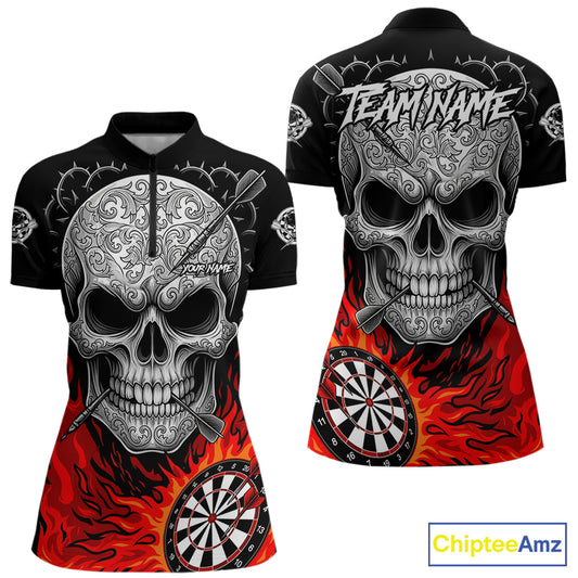 Black And Red Flaming Skull Darts Shirt For Women Custom Darts League Jersey Team Polo & 1/4 Zip TDM5435