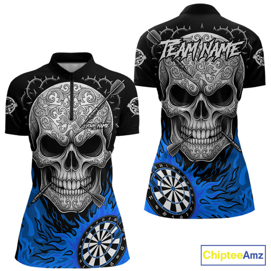 Black And Blue Flaming Skull Darts Shirt For Women Custom Darts League Jersey Team Polo & 1/4 Zip TDM5436