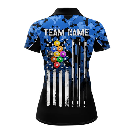 9 Ball Pool Blue Camo Custom Billiard Shirts For Women, Patriotic US Flag Billiard Team Jerseys TDM5711