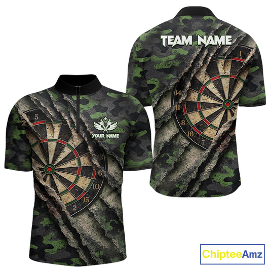 Green Retro Grunge Camo Darts Shirt For Men Custom Darts Jersey Team Polo & Quarter Zip Uniform TDM5450
