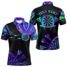 Load image into Gallery viewer, Neon Purple Blue Darts Tie Dye Polo & Quarter Zip Custom Dart Shirts For Men Glowing Dart Jerseys TDM3559