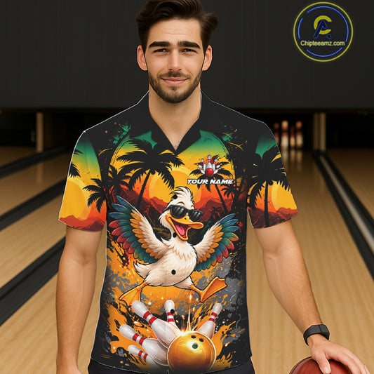 Funny Duck Sunset Tropical Bowling Hawaiian Jersey For Men And Women Custom Bowling Team Shirts TDM7863