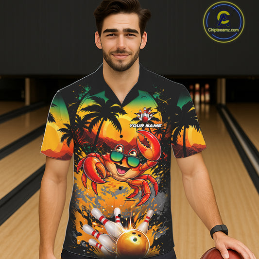 Funny Crab Sunset Tropical Bowling Hawaiian Jersey For Men And Women Custom Bowling Team Shirts TDM7864