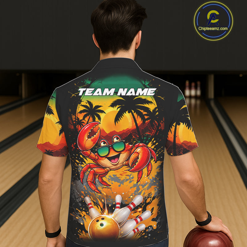 Funny Crab Sunset Tropical Bowling Hawaiian Jersey For Men And Women Custom Bowling Team Shirts TDM7864
