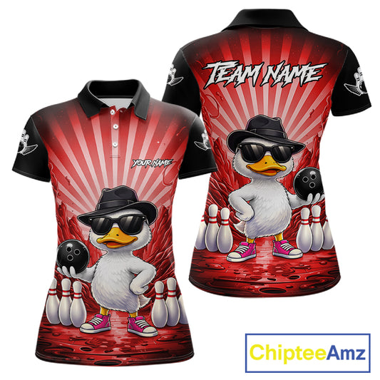 Red Funny Duck Bowling Jersey For Women Custom Graffiti Bowling Shirt Team Polo & 1/4 Zip Shirt TDM7865