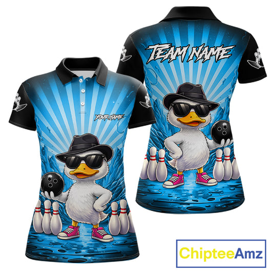Blue Funny Duck Bowling Jersey For Women Custom Graffiti Bowling Shirt Team Polo & 1/4 Zip Shirt TDM7866