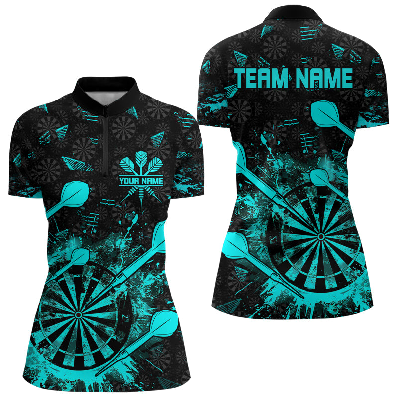 Black And Turquoise Grunge Darts Polo, Quarter Zip For Women Custom Dart Shirts For Team Dart Jerseys TDM3226