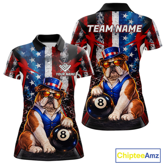 Funny Bulldog 8 Ball Billiard Shirt For Women Custom Vintage US Flag Pool Team Jersey Polo & 1/4 Zip TDM7520