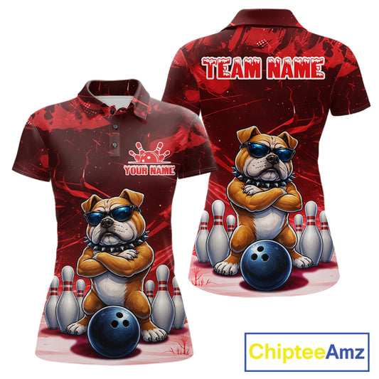Personalized Red Funny Bulldog Bowling Shirt For Women Custom Bowling Team Jersey Polo & 1/4 Zip TDM7880