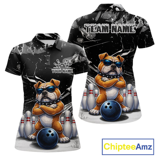 Personalized Black Funny Bulldog Bowling Shirt For Women Custom Bowling Team Jersey Polo & 1/4 Zip TDM7881