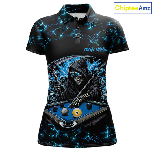 Blue Funny Grim Reaper 9 Ball Pool Women Billiard Shirts Custom Lightning Billiard Jerseys TDM7897