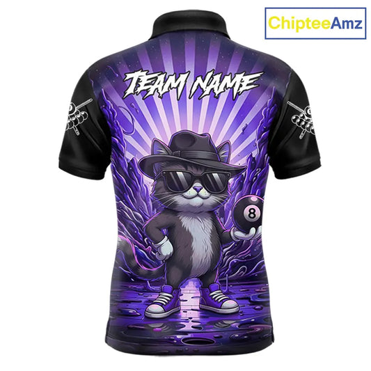 Funny Cat 8 Ball Billiard Shirt For Men Custom Purple Neon Graffiti Billiard Jersey Polo, 1/4 Zip TDM5743