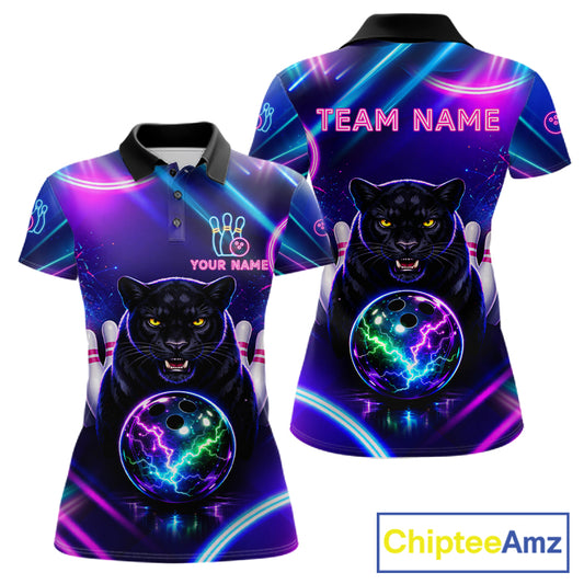 Neon Blue Purple Custom Panther Bowling Shirt For Women, Glowing Bowling Team Jersey Polo & 1/4 Zip TDM6358