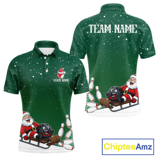 Green Funny Santa Christmas Bowling Polo, 1/4 Zip Shirts For Men Custom Xmas Bowling Team Jersey TDM7548