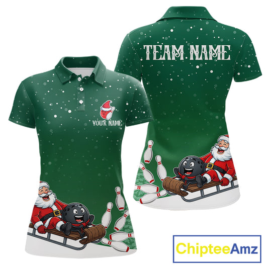 Green Funny Santa Christmas Bowling Polo, 1/4 Zip Shirts For Women Custom Xmas Bowling Team Jersey TDM7548