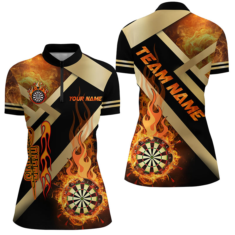 Personalized Gold And Black Dartboard Fire Flame Custom Darts Shirts For Women, Darts Team Jerseys TDM2048