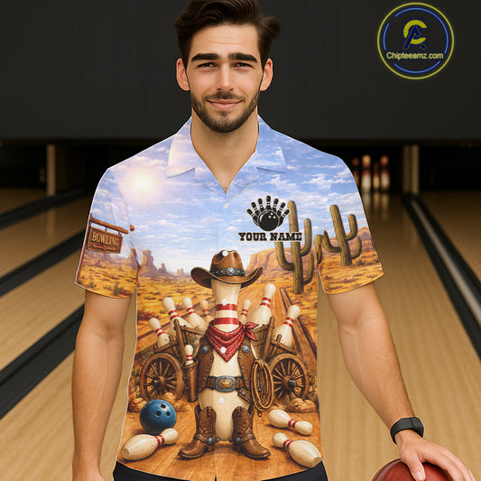 Funny Desert Cowboy Bowling Hawaiian Shirts For Men And Women Custom Bowling League Team Jersey TDM7565