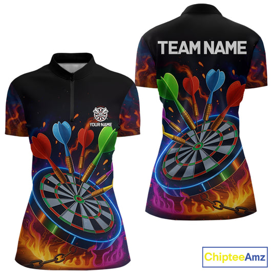 Colorful Neon Flame Darts Shirt For Women Custom Funny Darts Team Jersey Polo & Quarter Zip TDM5500