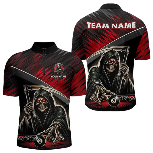 Red Grim Reaper 8 Ball Pool Billiard Shirts For Men Custom Billiard Team Jerseys Polo & 1/4 Zip TDM3760