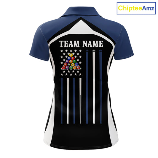 Blue Funny 8 Ball Pool US Flag Billiard Shirt For Women Custom Billiard Team Jersey Polo & 1/4 Zip TDM6365